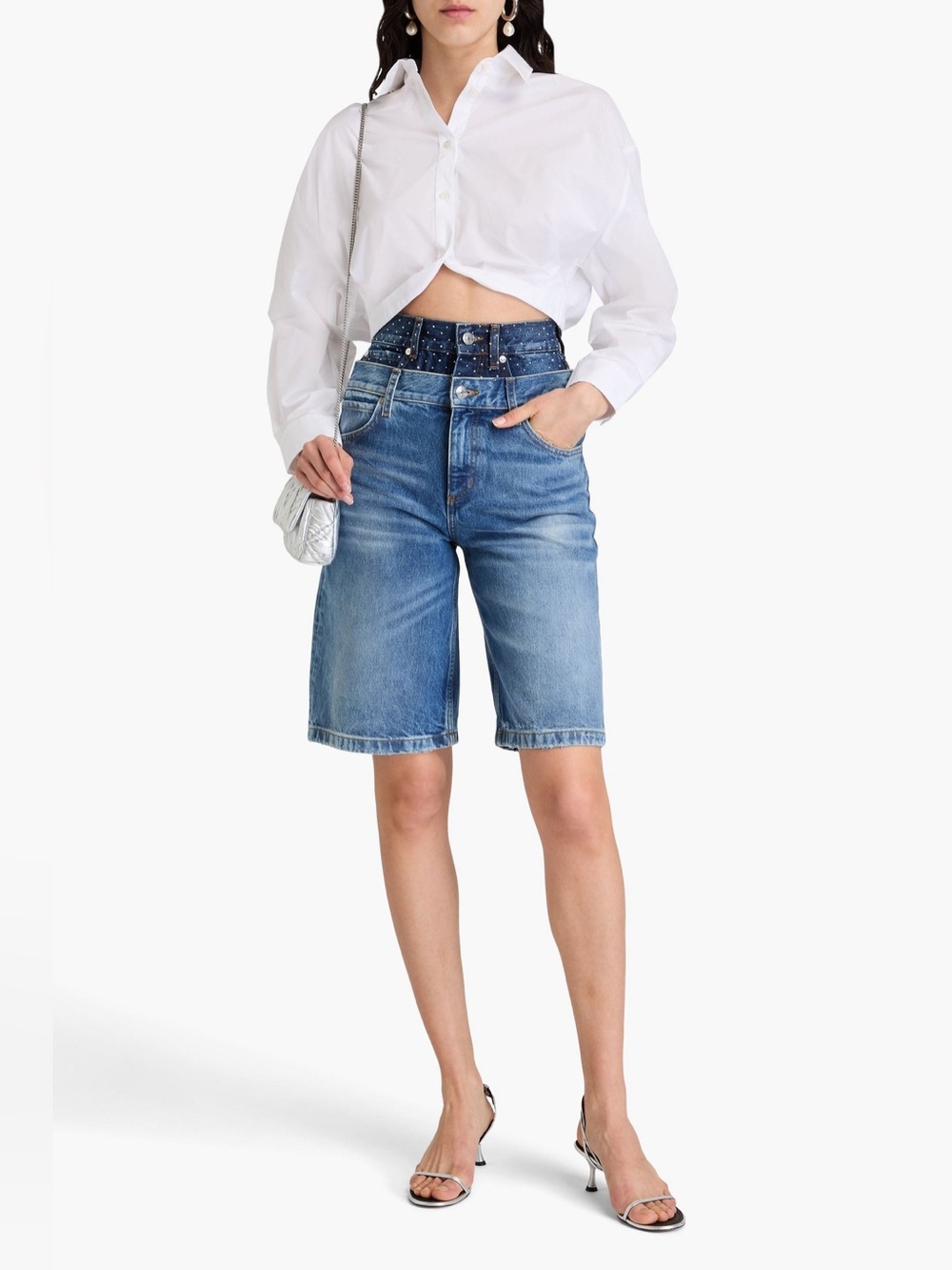 SANDRO Layered Crystal-Embellished Denim Shorts size 34 NEW